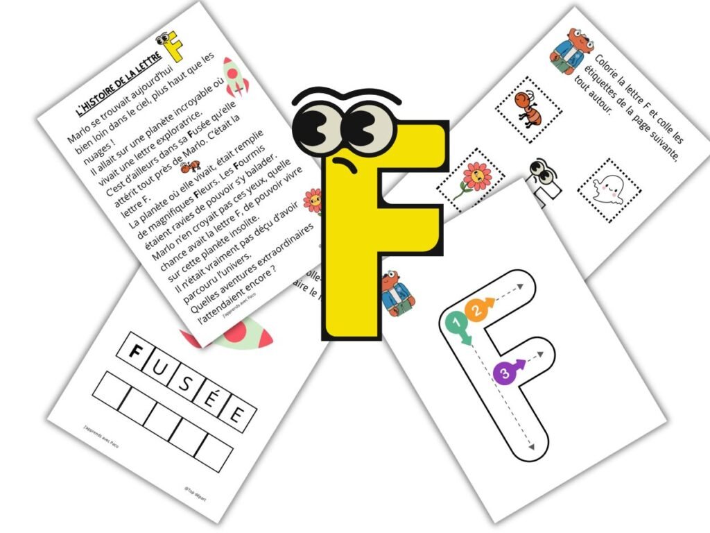 Exemple de fiches alphabet maternelle à imprimer de Cahiers Ludiques : exercices sur la lettre F, coloriage, collage et tracé pour enfants.