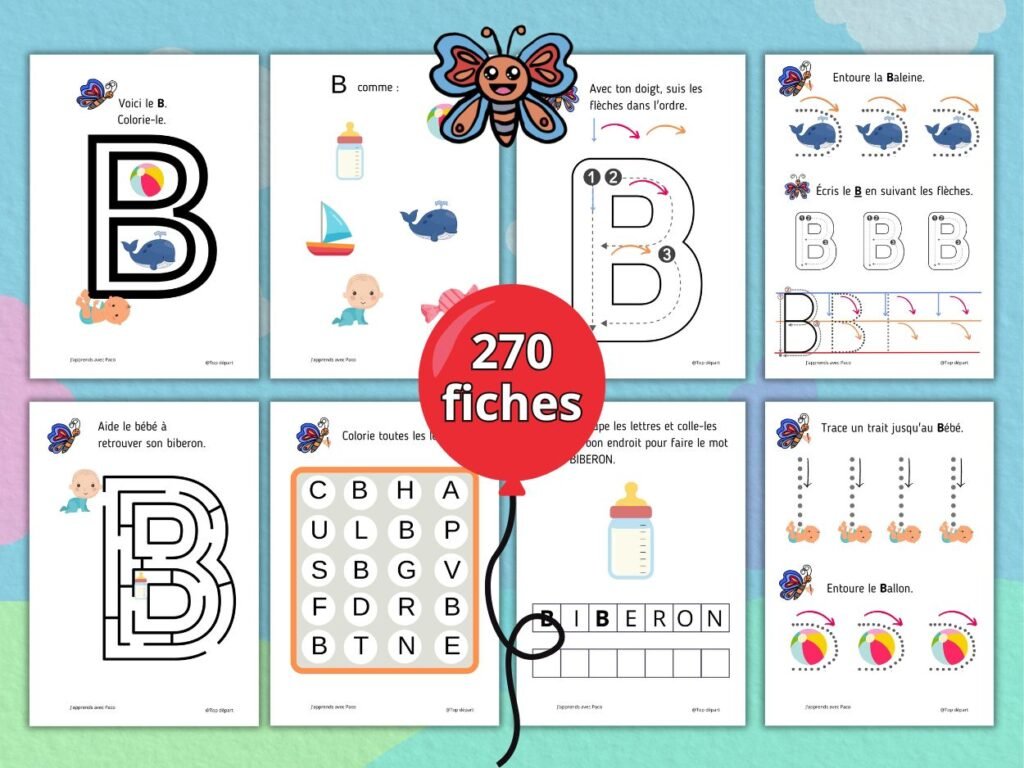 Aperçu d'un lot de 270 fiches pédagogiques imprimables pour apprendre la lettre B et l'alphabet en lettres majuscules pour enfants de maternelle.