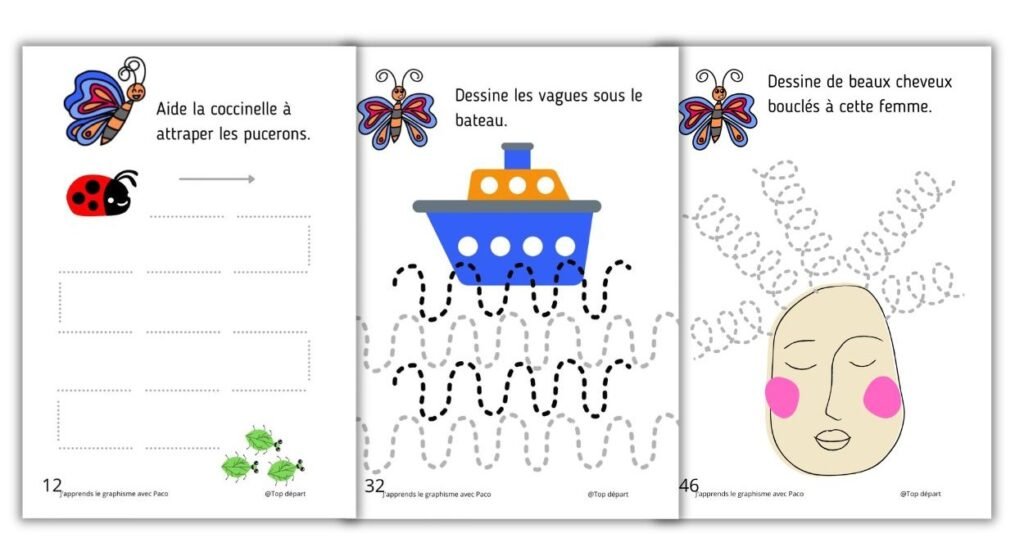 Trois fiches pédagogiques de graphisme pour la grande section représentant des vagues sous un bateau, des cheveux bouclés et des lignes d'alignement.