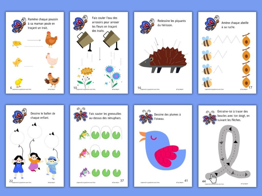 Huit fiches pédagogiques imprimables montrant des exercices de graphisme variés : lignes, vagues, piquants du hérisson, ponts et boucles.
