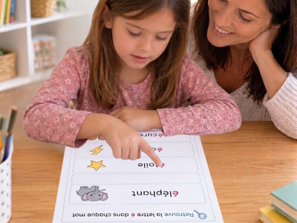 Une jeune fille et sa mère apprennent la lettre 'é' avec une feuille d'exercices sur une table en bois. La fillette pointe du doigt le mot 'étoile' avec un dessin d'étoile à côté.