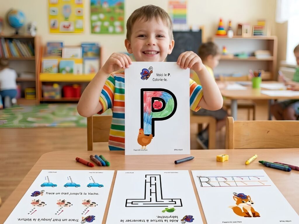Photo d'un garçon de 5 ans souriant, tenant une fiche d'exercice coloriée de la lettre P (avec un poussin et une pomme). En arrière-plan, une salle de classe de maternelle avec d'autres enfants et des étagères de jouets.