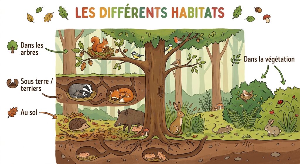 Illustration pédagogique montrant où vivent les animaux : dans les arbres, sous terre, au sol et dans la végétation.