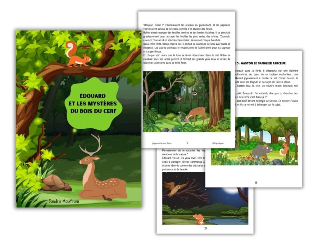 Couverture et pages de l'histoire jeunesse Édouard et les mystères du bois du cerf écrites par Sandra Maufrais.
