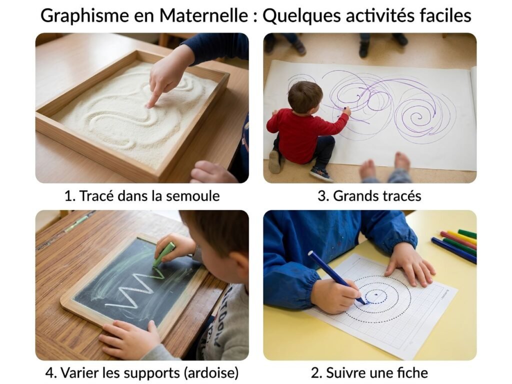 Montage de 4 photos d'activités graphiques : tracé dans la semoule, grands tracés au sol, ardoise à la craie et fiche guidée au feutre.