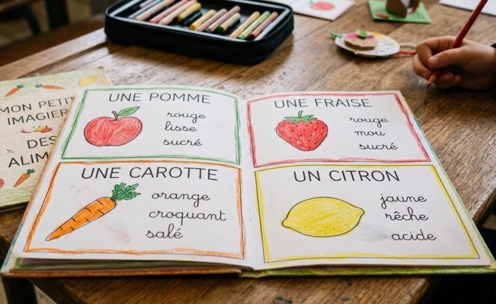 Cahier ouvert montrant un imagier illustré à la main avec une pomme, une fraise, une carotte et un citron, accompagnés de mots descriptifs.