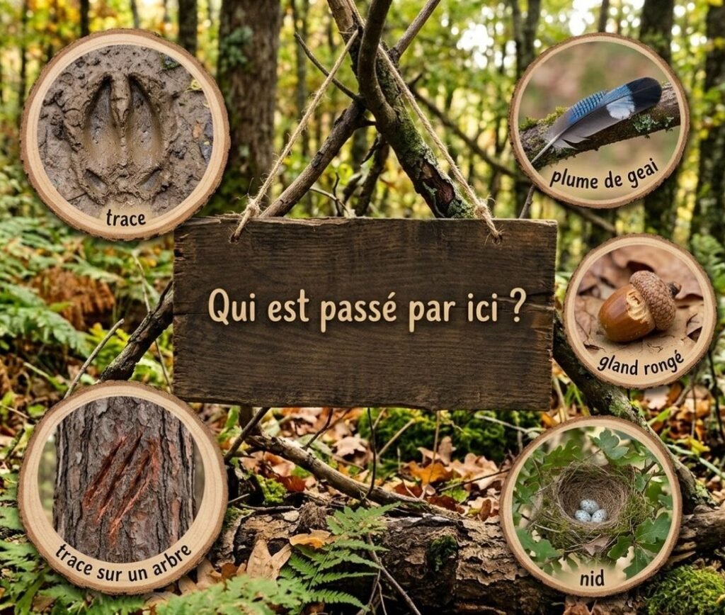 Support visuel montrant les indices de présence des animaux de la forêt : empreintes, plume de geai, gland rongé, traces sur écorce et nid d'oiseau.
