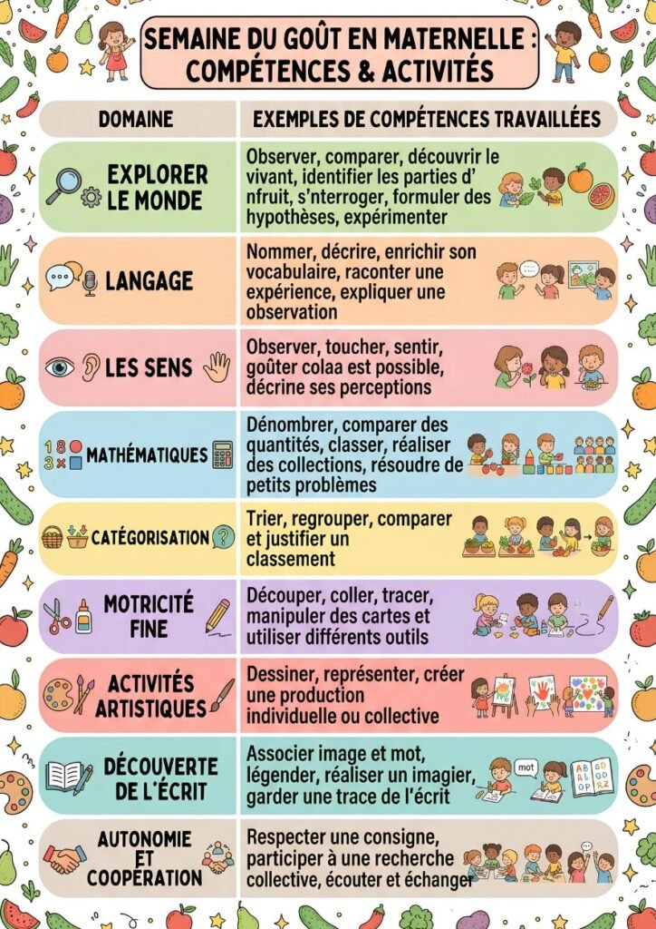 Infographie synthétique récapitulant les domaines et compétences travaillés pendant la Semaine du Goût en maternelle.