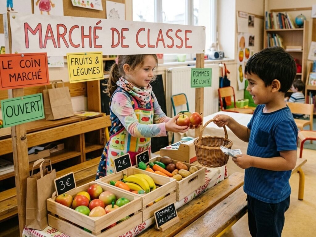 Enfants de maternelle jouant au marché de classe avec des fruits et légumes factices, de la monnaie et des pancartes de prix.