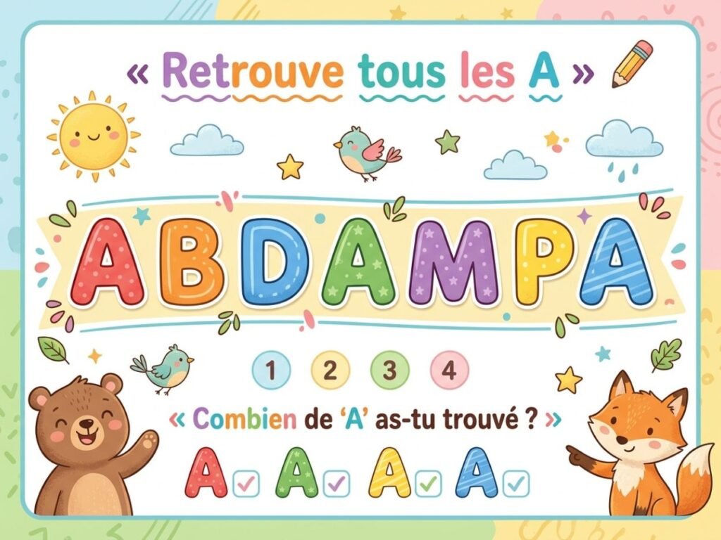 Fiche d'exercice éducative pour enfants « Retrouve tous les A » avec illustrations d'un ourson et d'un renard.