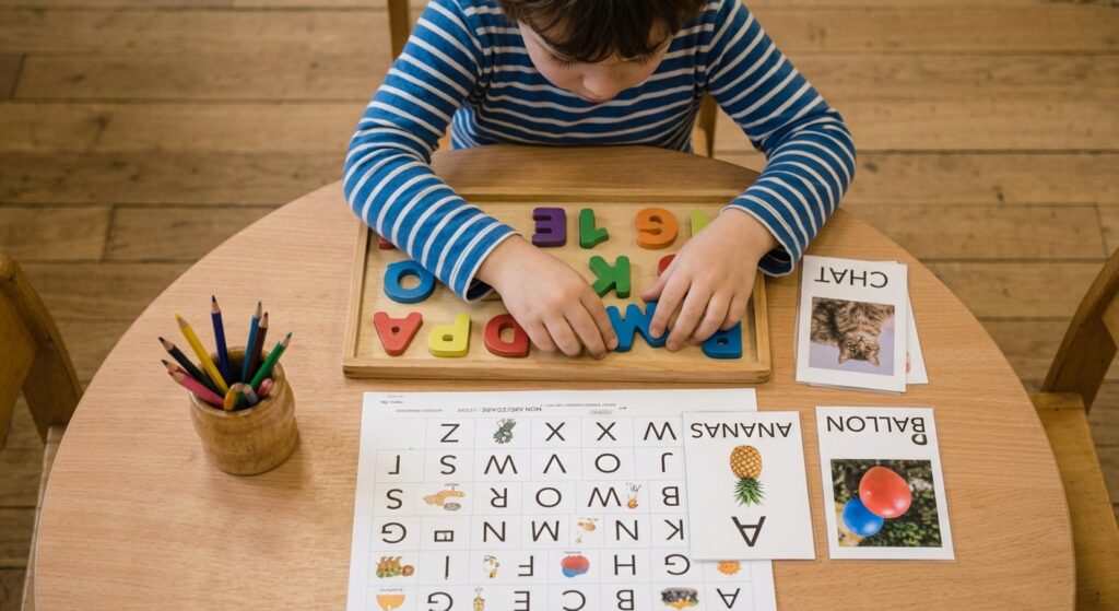 Un jeune garçon en T-shirt rayé manipule des lettres d'alphabet colorées sur un puzzle en bois. Autour de lui, des cartes d'apprentissage avec des images d'un chat, d'un ananas et d'un ballon. Un pot de crayons de couleur se trouve à proximité.