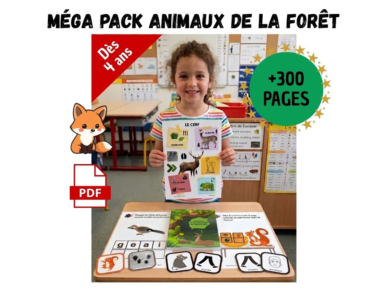 Fillette de maternelle présentant une fiche pédagogique sur le cerf issue du méga pack animaux de la forêt.