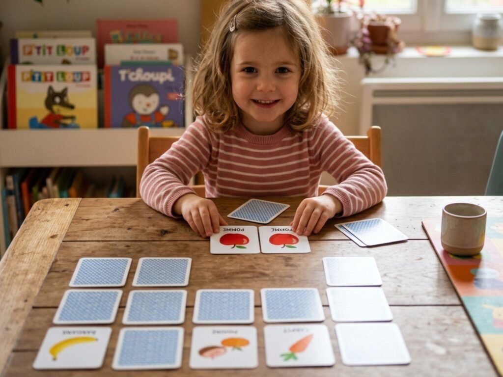 Petite fille souriante jouant à un jeu de mémory d'aliments sur une table en bois avec des cartes d'illustrations de fruits et légumes.