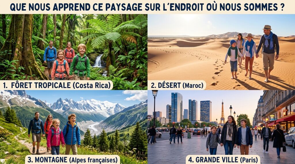 Composition de 4 photographies de paysages (forêt tropicale, désert, montagne, grande ville) accompagnées de la question « Que nous apprend ce paysage sur l'endroit où nous sommes ? »