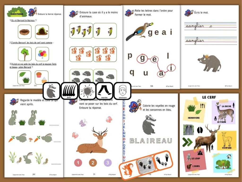 Fiches d'activités pédagogiques à imprimer sur les animaux de la forêt pour classe de maternelle : écriture, vocabulaire et observation.