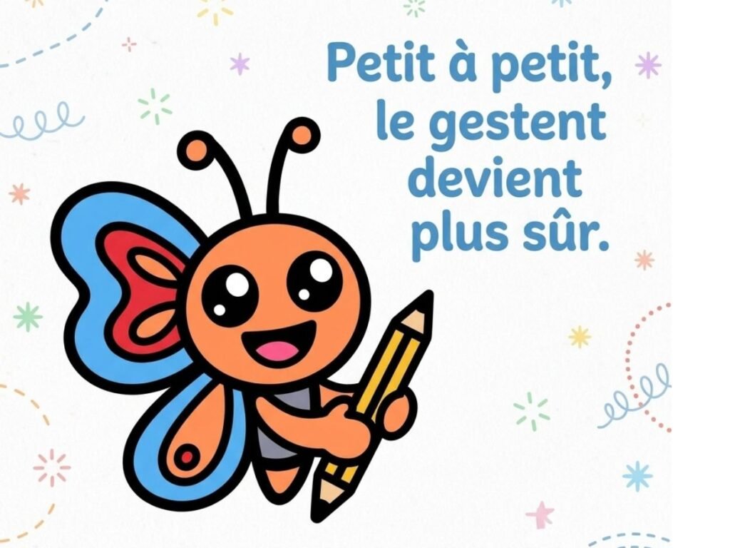 Paco le papillon tenant un crayon avec la citation bienveillante : « Petit à petit, le geste devient plus sûr ».