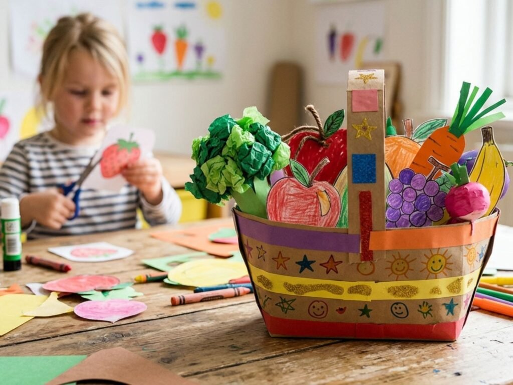 Panier en papier décoré rempli de fruits et légumes coloriés et découpés, avec une petite fille découpant une fraise en arrière-plan.