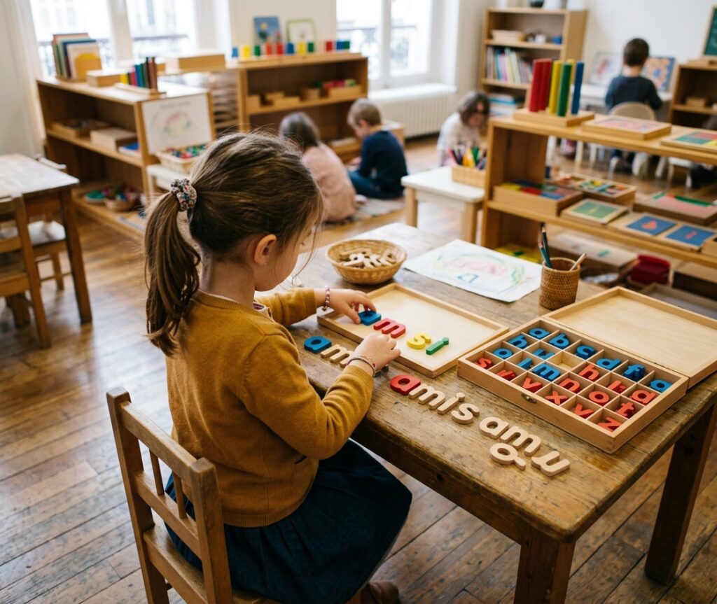 Une petite fille de dos assise à une table en bois dans une salle de classe Montessori manipulant des lettres en bois bleues et rouges pour former des mots sur un plateau et une boîte en bois ouverte remplie d'un alphabet mobile avec des lettres bleues et rouges pour l'apprentissage du français, avec d'autres enfants et des étagères remplies de matériel pédagogique floues en arrière-plan.