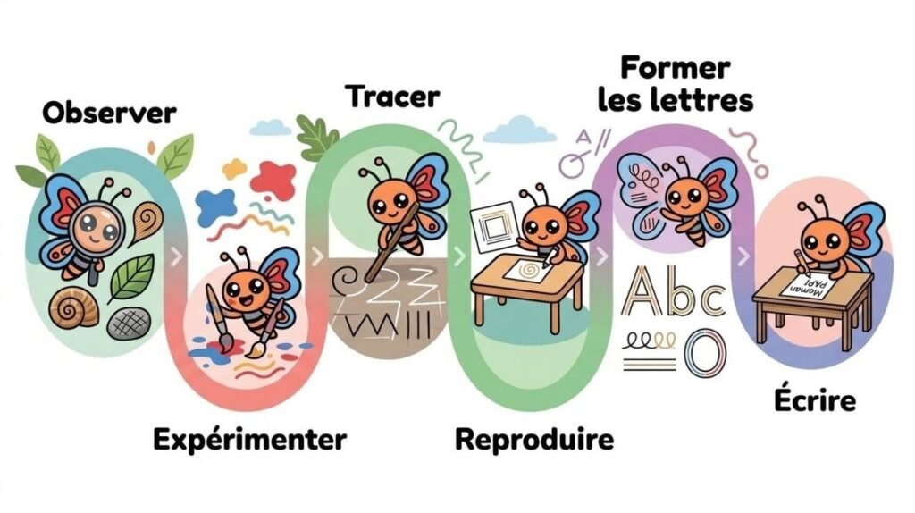 Infographie illustrée montrant les 6 étapes avec Paco : Observer, Expérimenter, Tracer, Reproduire, Former les lettres et Écrire.