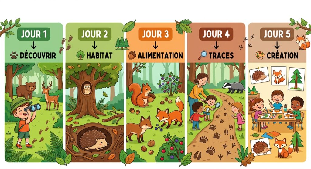 Infographie présentant un projet pédagogique sur 5 jours : Découvrir, Habitat, Alimentation, Traces et Création.