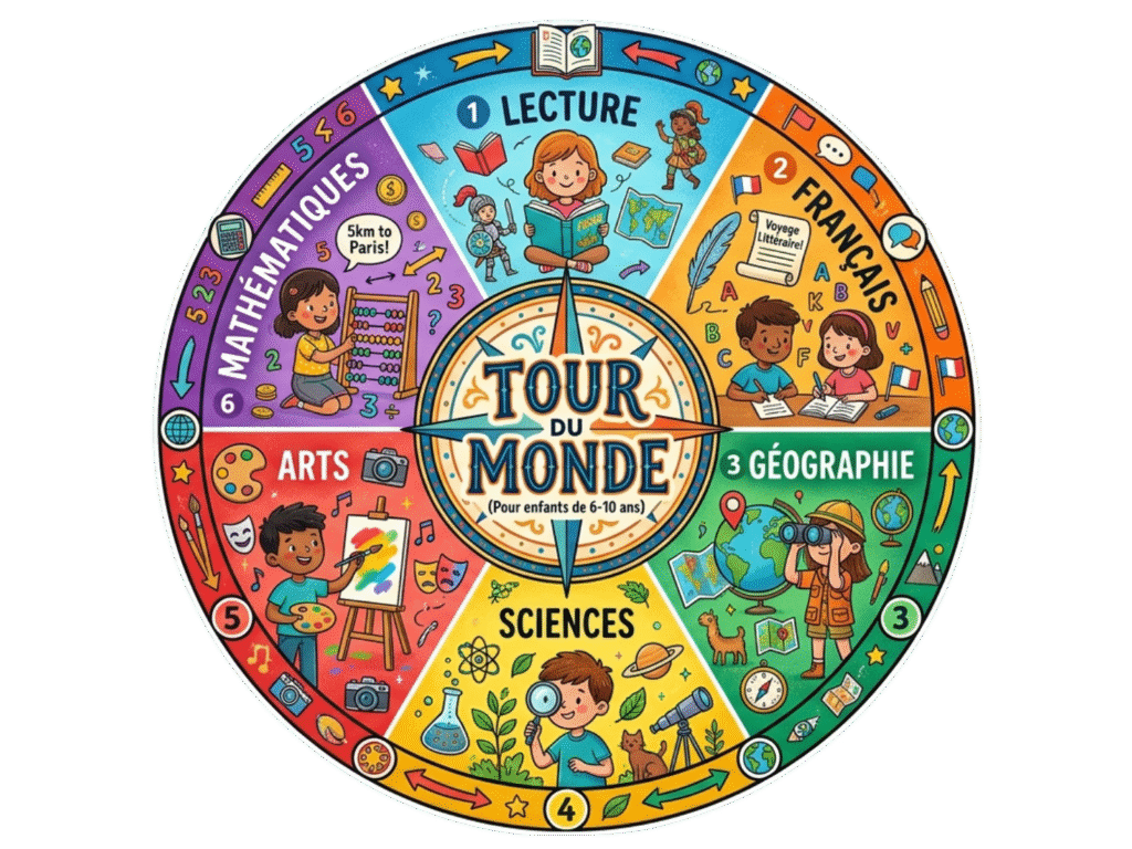 Roue pédagogique d'un projet Tour du Monde pour enfants de 6 à 10 ans reliant géographie, lecture, français, arts, sciences et mathématiques.