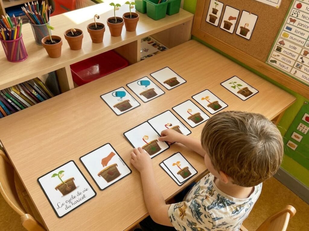 Enfant de maternelle installant des cartes images en ordre chronologique pour reconstituer le cycle de vie du haricot sur une table.