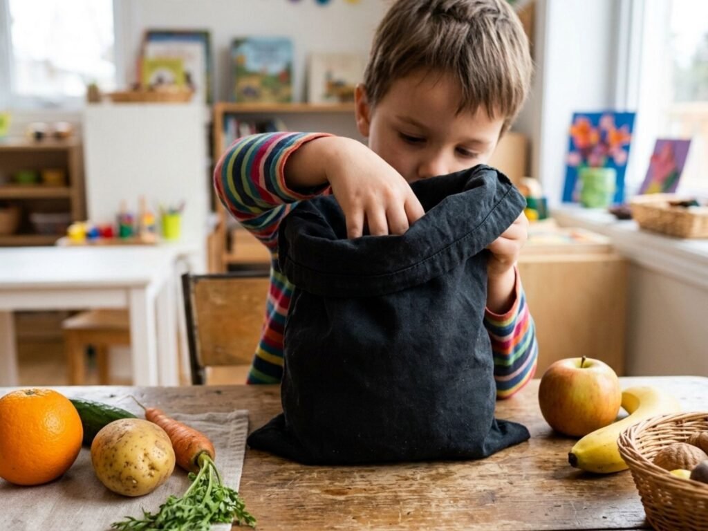 Enfant de maternelle plongeant sa main dans un sac opaque pour reconnaître des fruits et légumes au toucher.