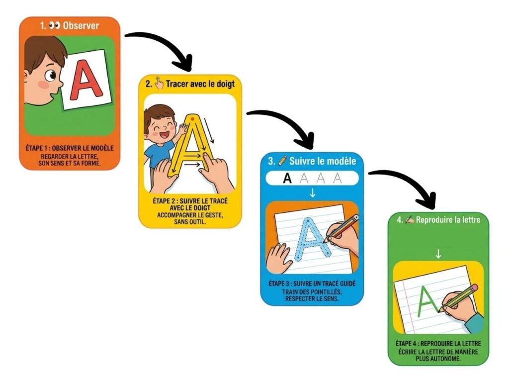 Schéma en 4 étapes pour apprendre à tracer une lettre : observer le modèle, tracer avec le doigt, suivre le tracé guidé et reproduire la lettre de manière autonome.