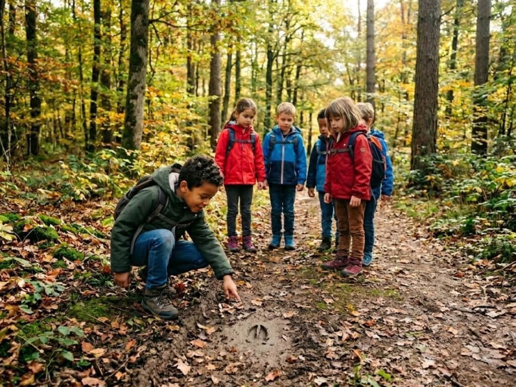 Groupe d'enfants en sortie nature, un garçon montrant du doigt une empreinte de pas dans la boue sur un sentier forestier.