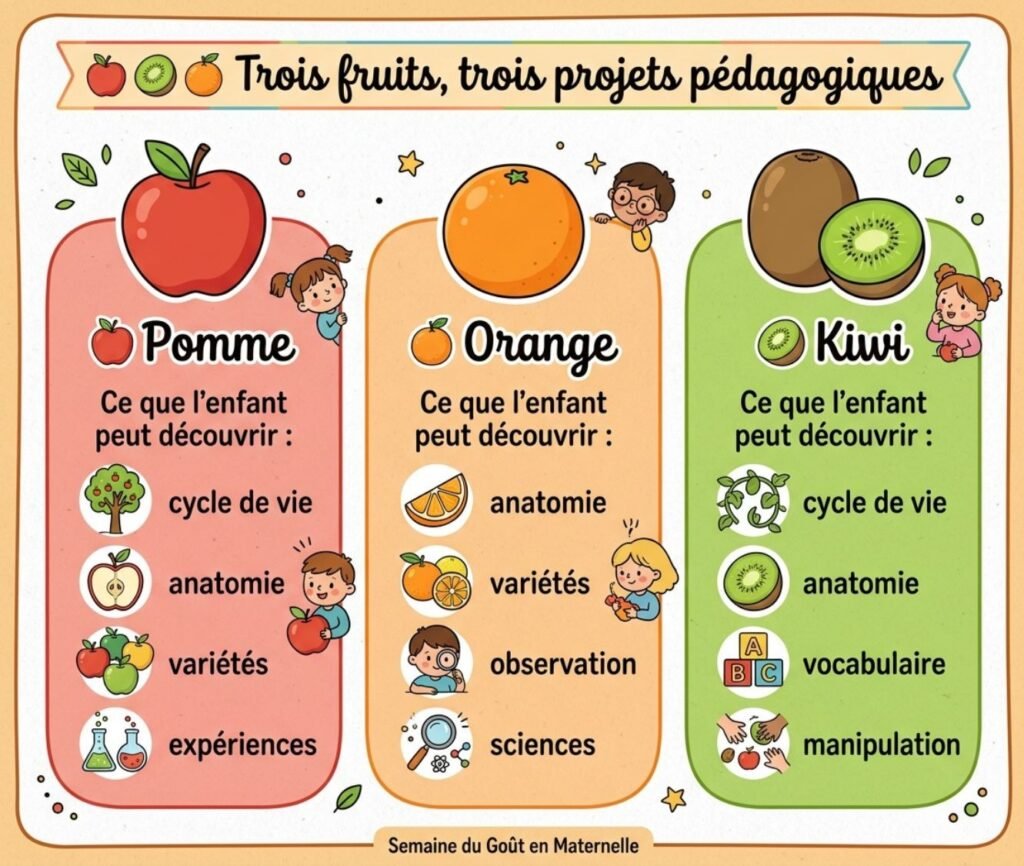 Infographie comparant trois projets pédagogiques sur la pomme, l'orange et le kiwi avec les notions abordées pour chacun.