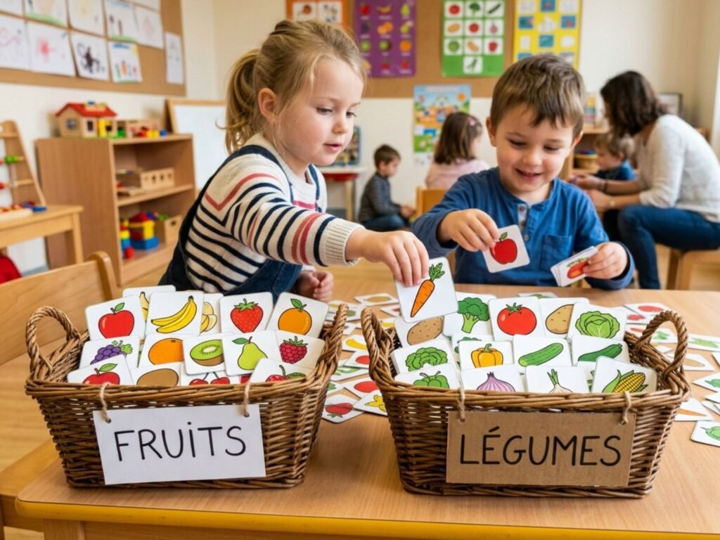 Enfants en classe de maternelle triant des cartes illustrées dans deux paniers en osier étiquetés Fruits et Légumes.
