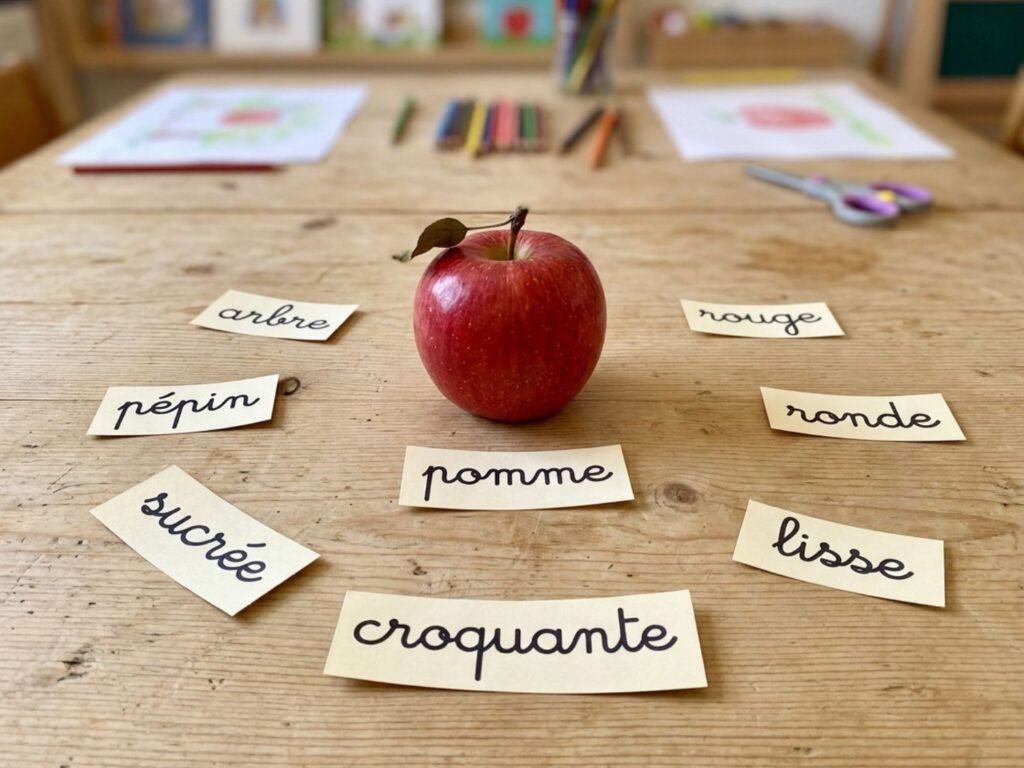 Une pomme rouge posée sur une table en bois entourée d'étiquettes de mots en écriture cursive comme pépins, arbre, croquante, lisse.
