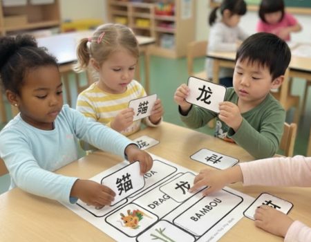 Groupe d'enfants manipulant des étiquettes avec des caractères chinois et des mots comme "Bambou" ou "Dragon" sur un plateau de jeu.
