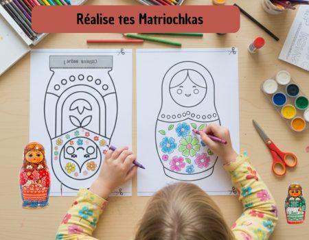Enfant réalisant un atelier de coloriage et de création de poupées russes (Matriochkas).